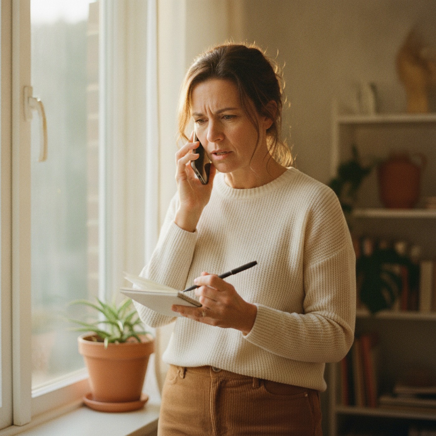 Begleiterin telefoniert am Fenster, Notizbuch in der Hand