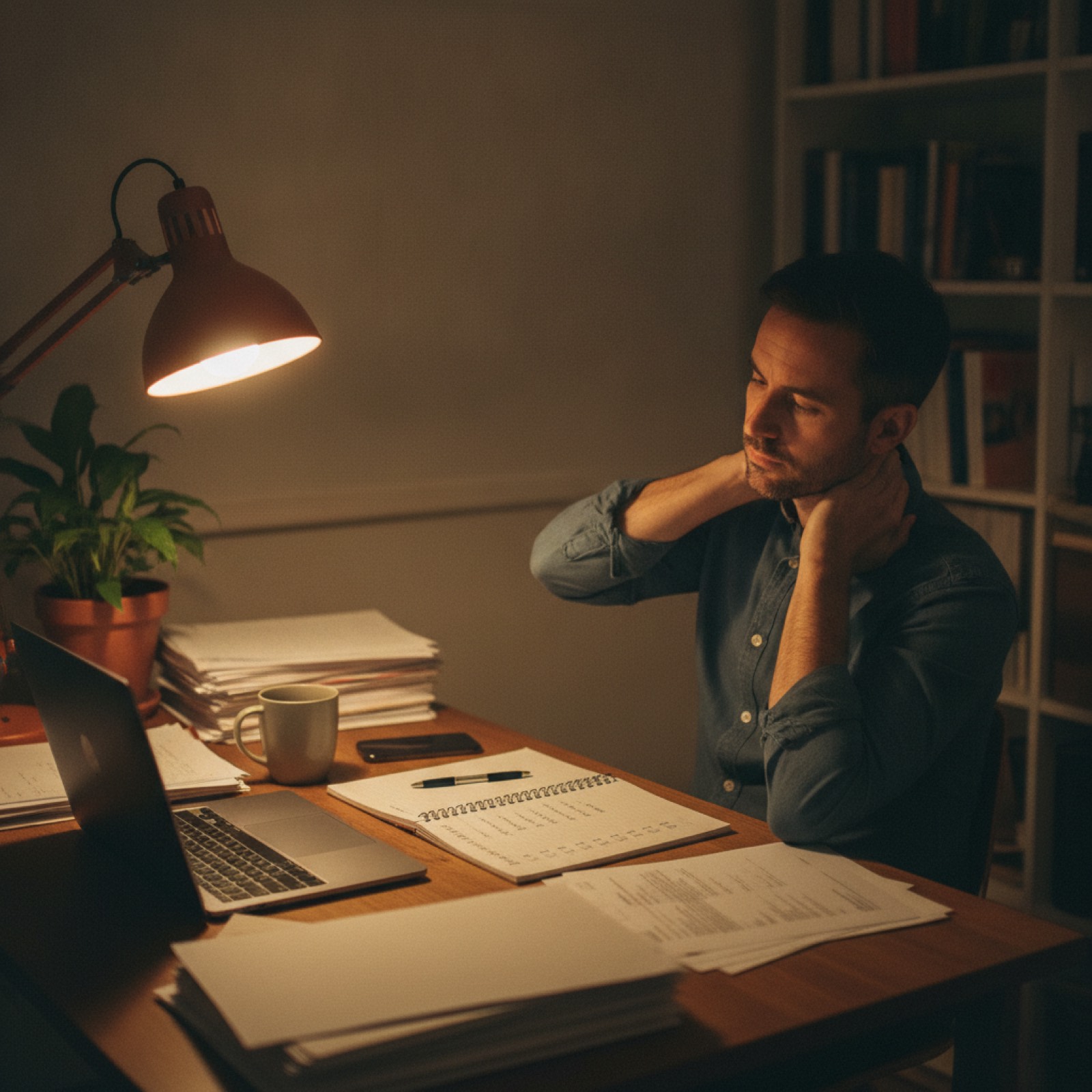 Selbständiger arbeitet abends allein am Schreibtisch